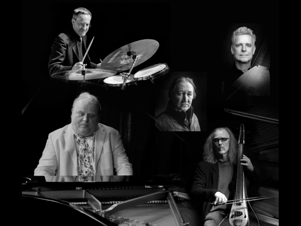 Schwarz.-Weiß Kollage aus 5 männlichen Musikern, drei davon an Instrumenten: Piano, Schlagzeug, Cello