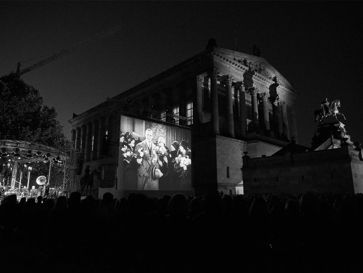 Kolonnadenhof courtyard of Berlin’s Museum Island in the heart of the city a movie can be seen